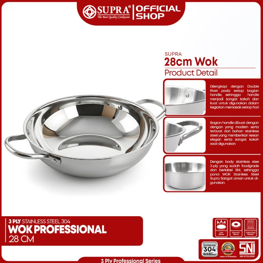 Imagem Supra Wok Pan Profissional Fundo De Impacto Frigideira Inoxidável 28 cm 32 SUS 304 2 Alças