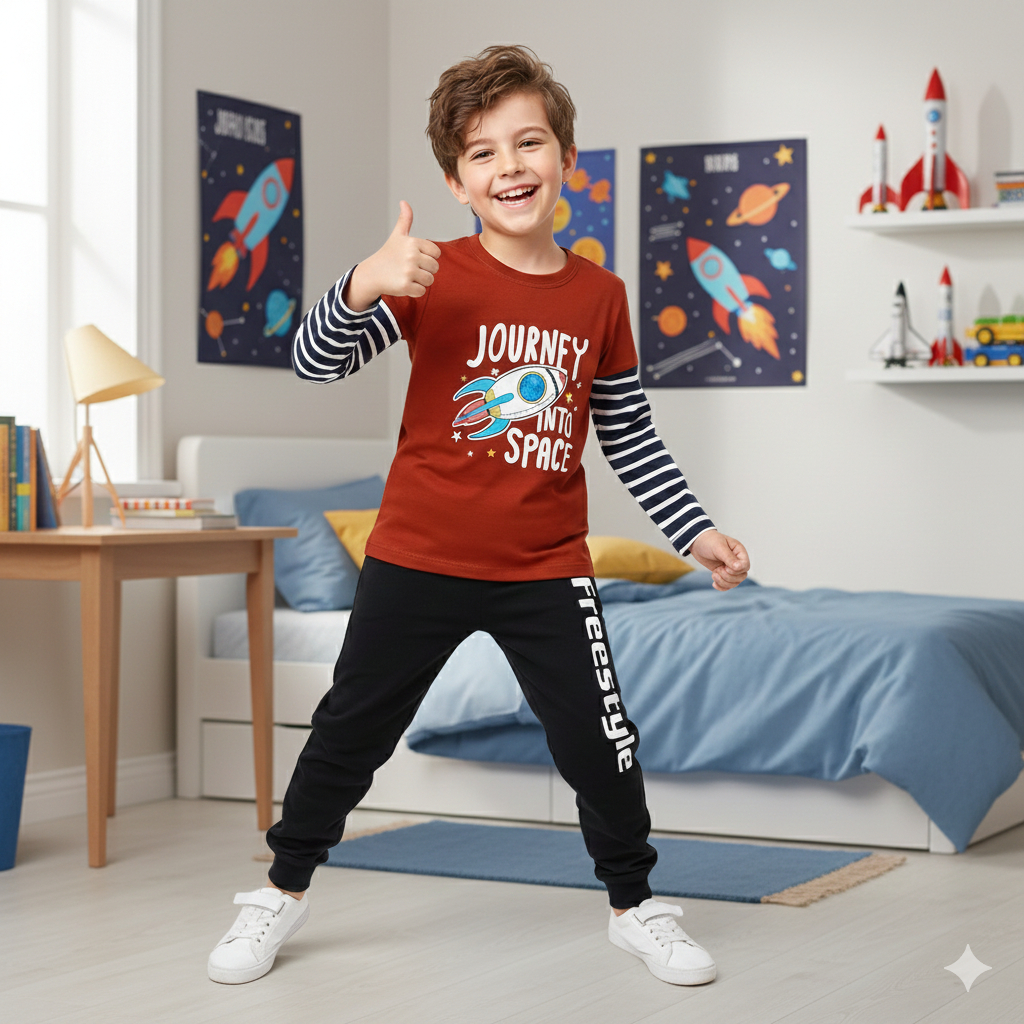 Conjunto E Tops Para Camisetas Infantis Listradas De Manga Comprida , Combinação Listrada Infantil , Motivo Espacial