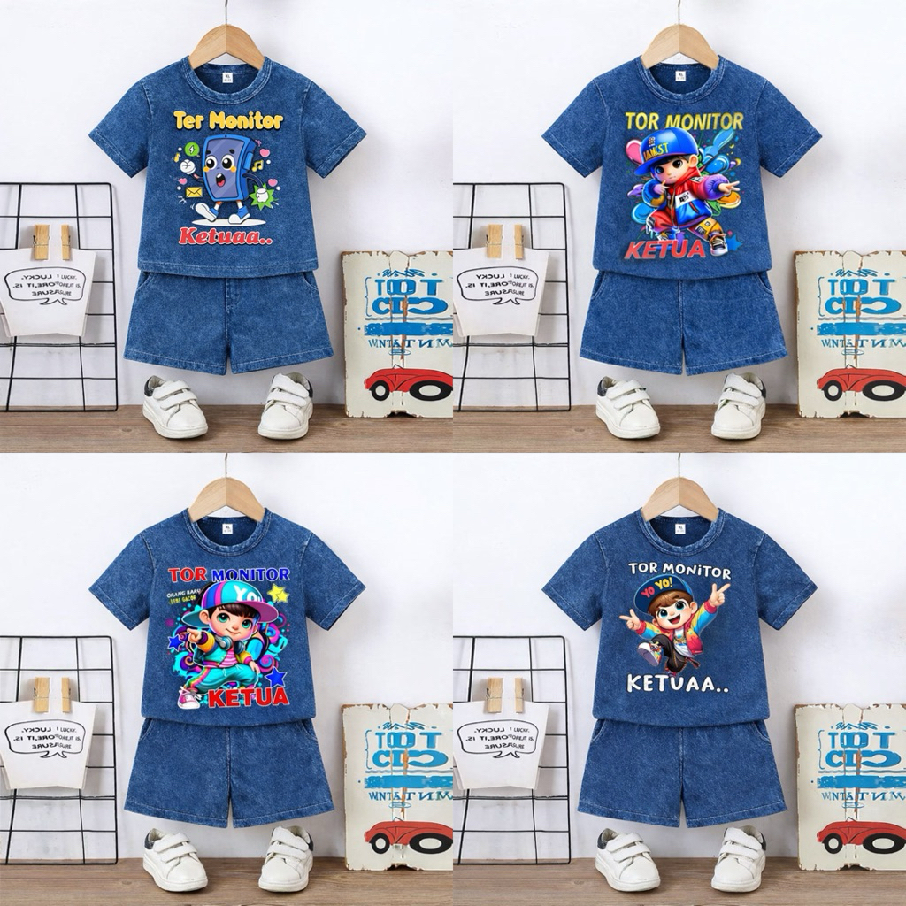 Stone Wash Denim Tor Monitor Head Kids Suit/Roupas Infantis Unissex
