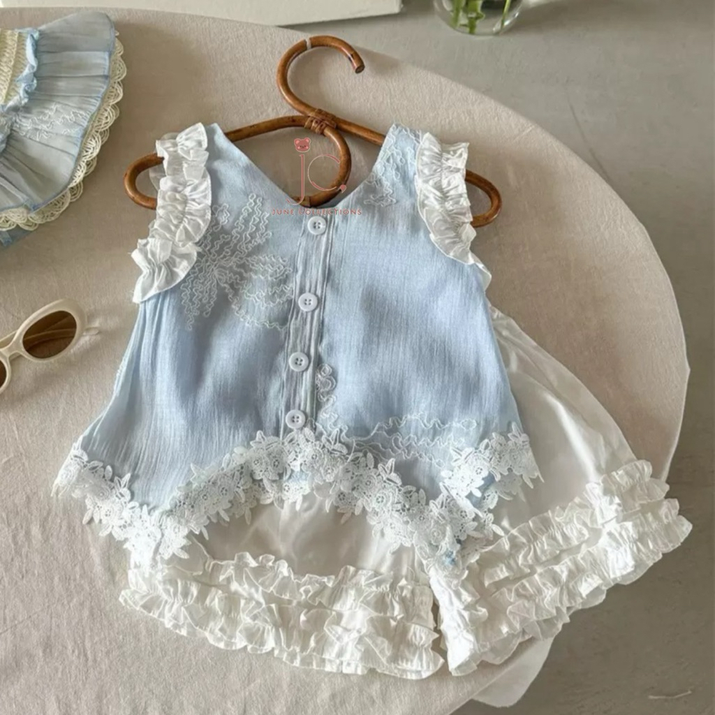 Conjunto Feminino JUNECOLLECTIONS Com Motivo De Renda Ou + Chapéu Azul Bônus De Chiffon , Estilo Coreano Moderno , Moda