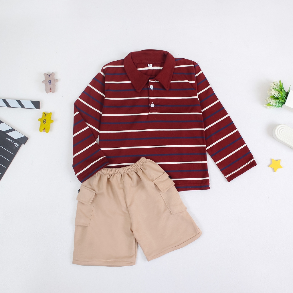 9.9 Conjunto Infantil De T-SHIRT Listrada De Manga Comprida Com Colar De Botão E Calça Curta CARGO Vara Reverso