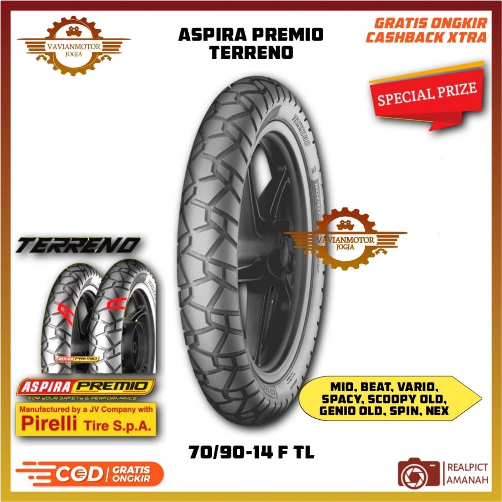 Aspira Premio Terreno 70/90-14 Anel 14 Pneu De Motocicleta Original | Adequado Para Mio , Beat , Vario , Spacy , Scoopy 