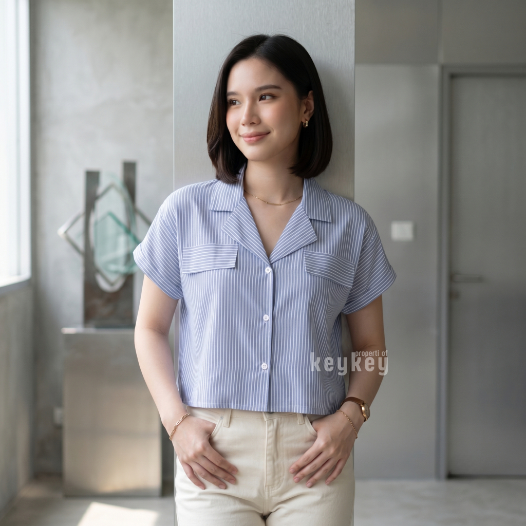 Camisa De ZIGGY KATUN | Tops Femininos Semi-Crop Algodão Listrada Cropped Externa Moderna