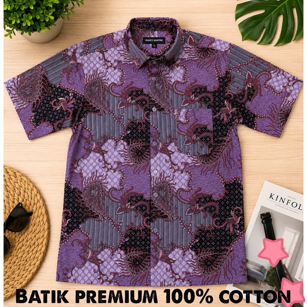 KATUN UNGU KEMEJA Camisa batik Masculina Premium , Algodão Completo , Mangas Curtas , Sombra Roxa , 100 % Fresco