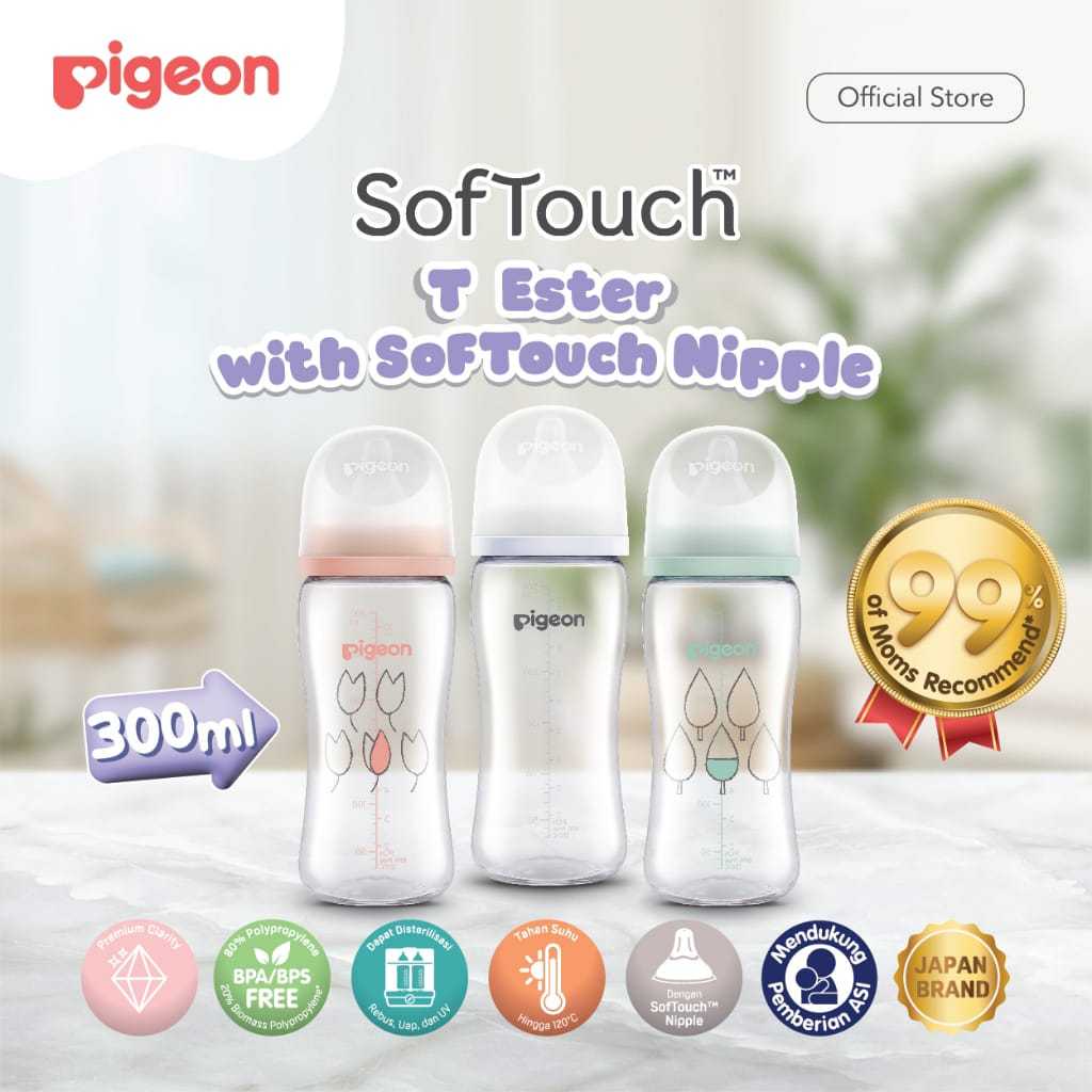 PIGEON T-ESTER Garrafa Gargalo Largo 300ml Com Bico Touch | De Leite Para Bebê Recém-Nascida Transparente Como Vidro