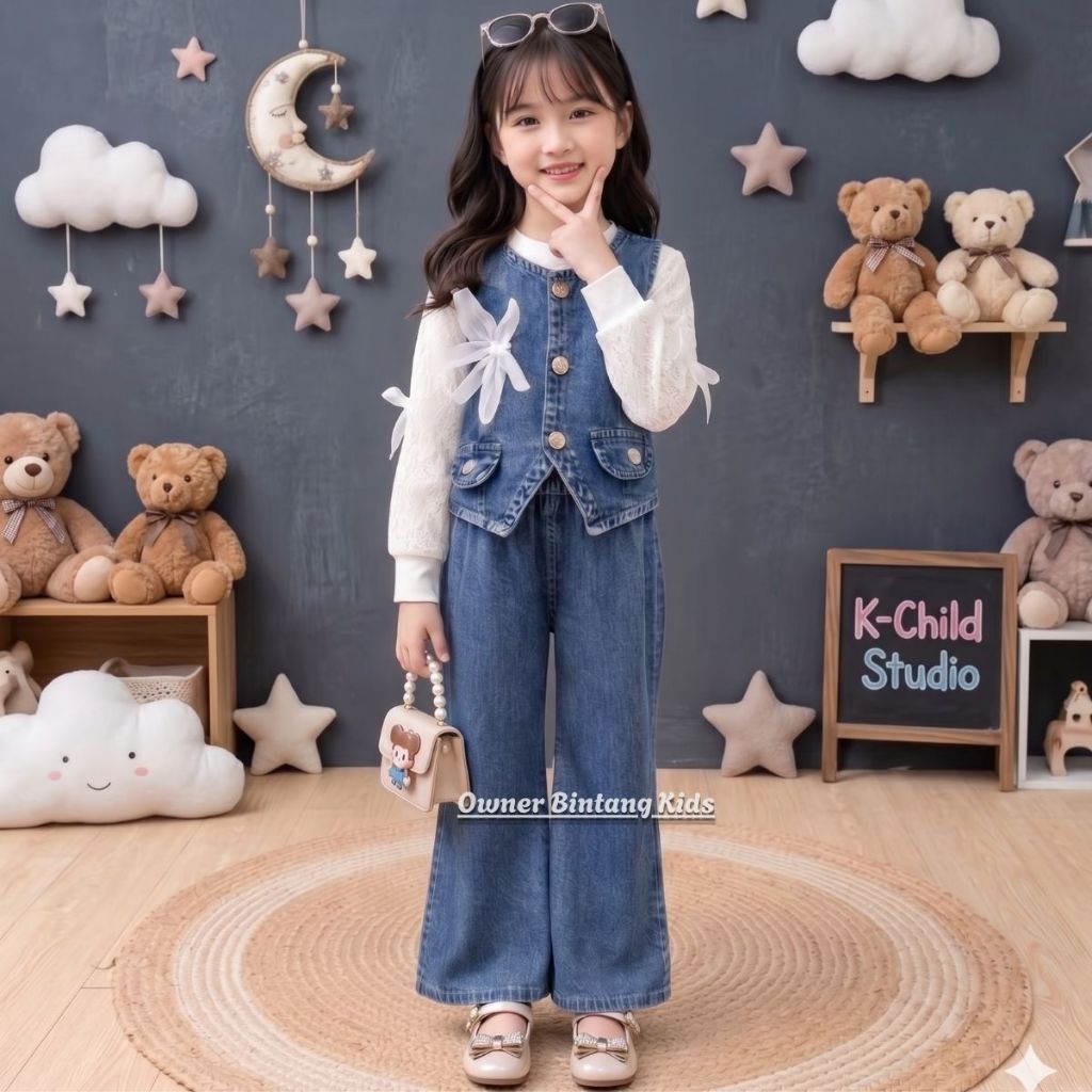 Melissa Conjunto Feminino De 3 A 12 Anos , Colete 3 Em 1 , Jeans Macio , Material Shakila , Fita Floral , Bolso Ativo Fa
