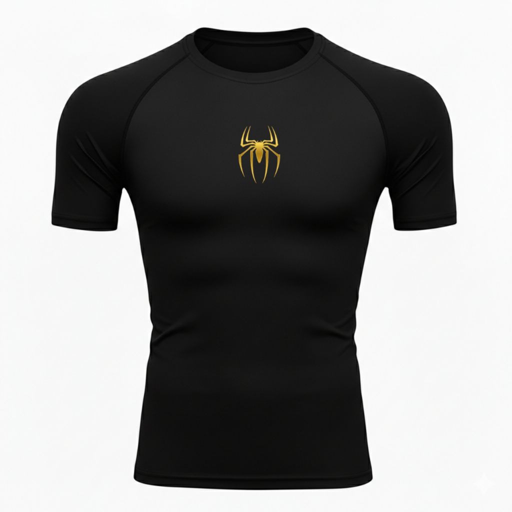 Camiseta Esportiva De Compressão Dourada Aranha Masculina , Manga Curta , Camisa Raglan , Academia , Fitness , Material 