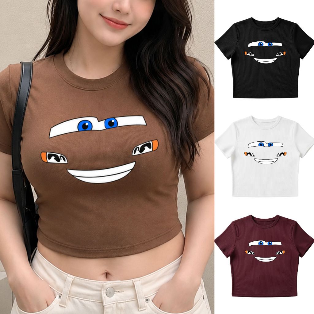 Crop Top Tee Feminino Knit Rib Coreano Manga Curta Camiseta Feminina Estampa Mc Queen