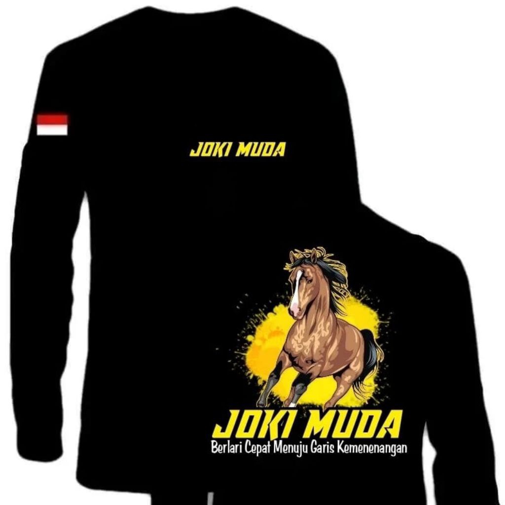 T-SHIRT De Manga Comprida JOKI MUDA Com Um Cavalo De Corrida Rápida Em Diante A Ministria Da Cidade Motivo Amarelo