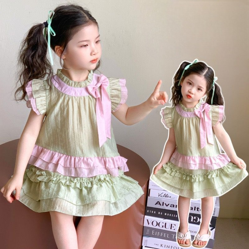 HIJAU [KIDSFASHIONCOLLECTION] Conjunto De Saia De Chiffon Yubin 2094 Rosa Menta Verde Tie-Dye Em Camadas Com Babados Par