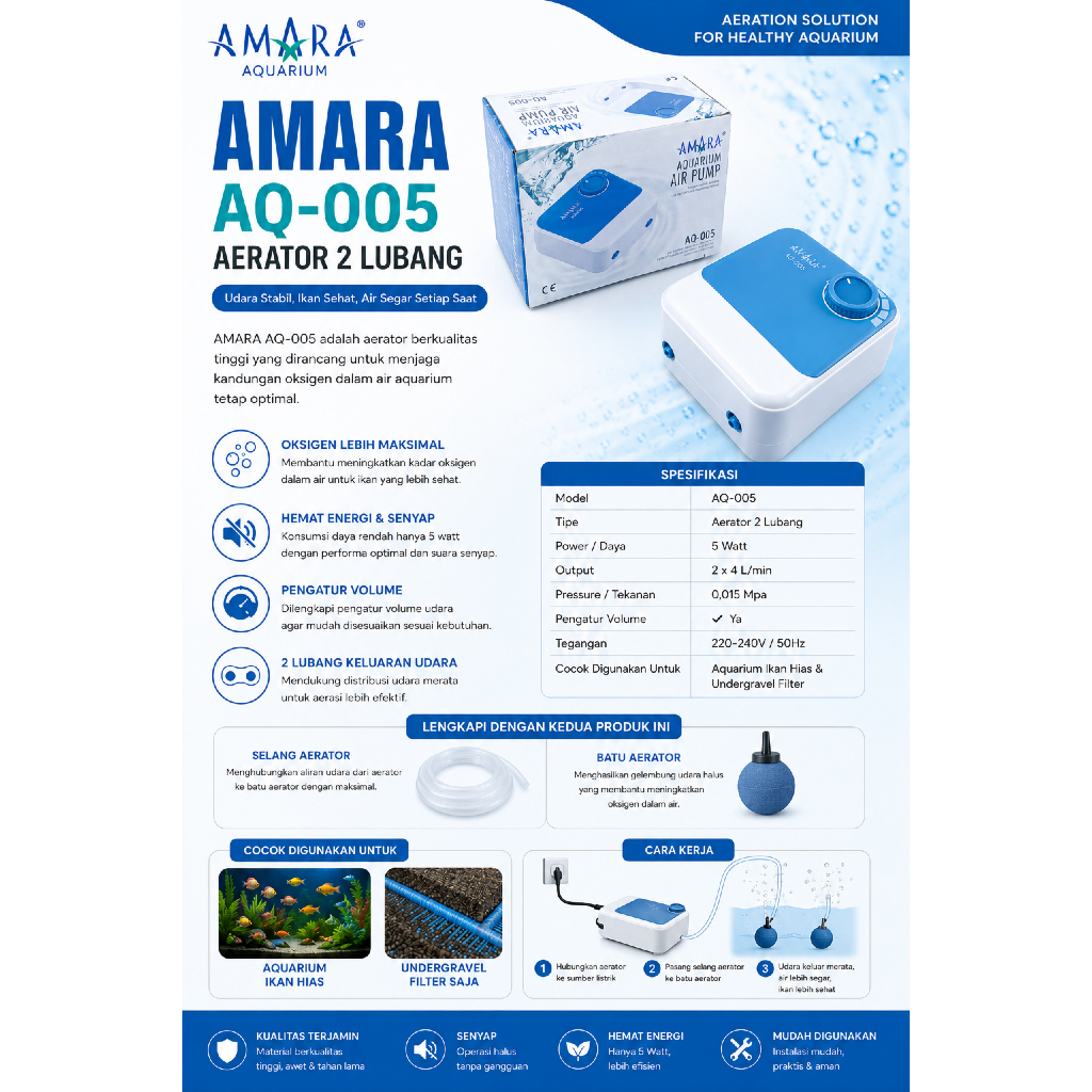 AMARA AQ-005 Aerador Silencioso De 2 Furos , Bomba De Ar Silenciosa Para Aquário Com Economia De Energia