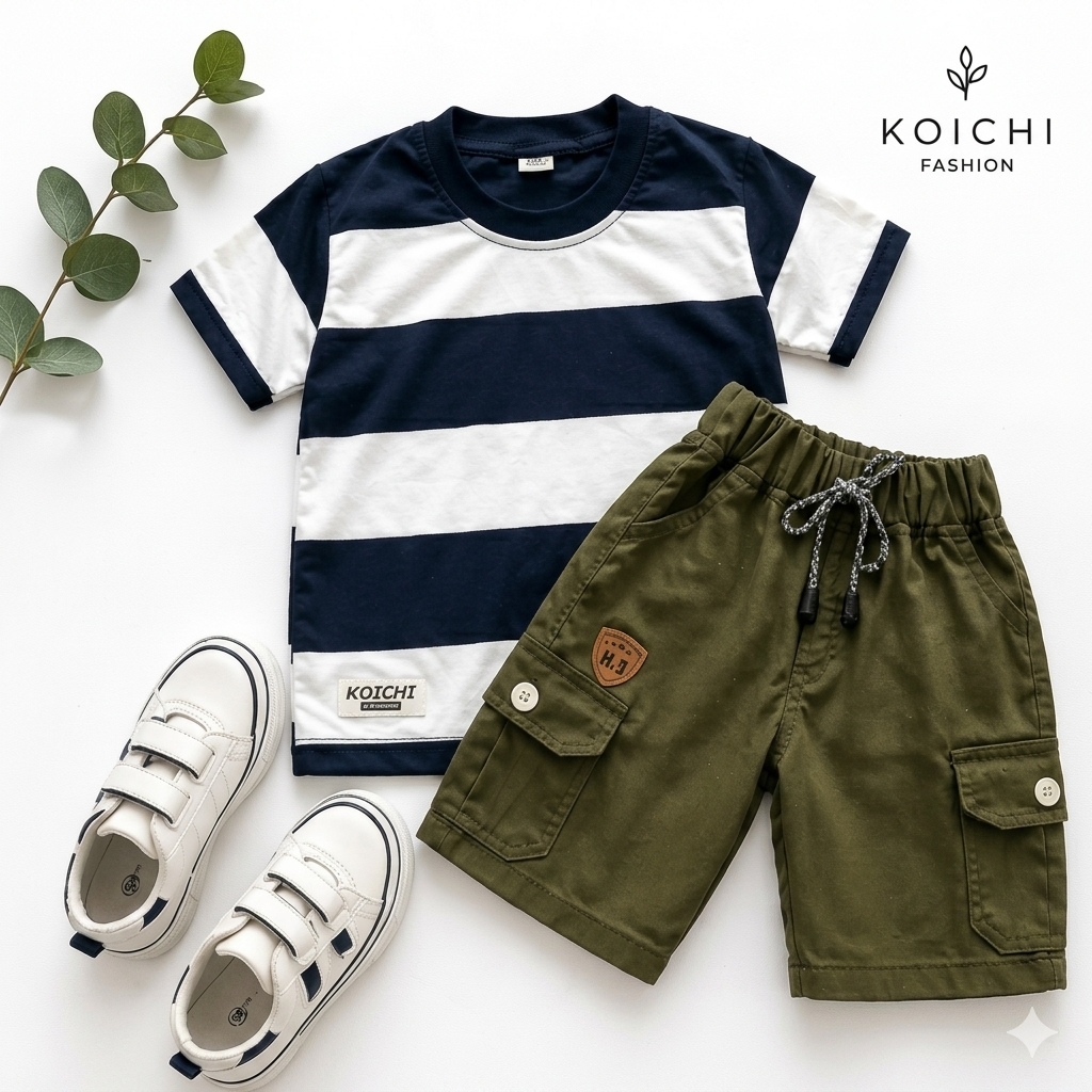 Conjunto De Camiseta Listrada Para Meninos E Calças Cargo Casuais Premium De 1 A 12 Anos