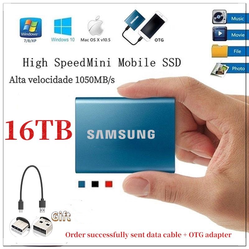 Disco Rígido Externo Samsung T5 SSD 16TB/8TB/4TB Adaptador USB 3.1 Tipo C 1TB/2TB/500GB HD