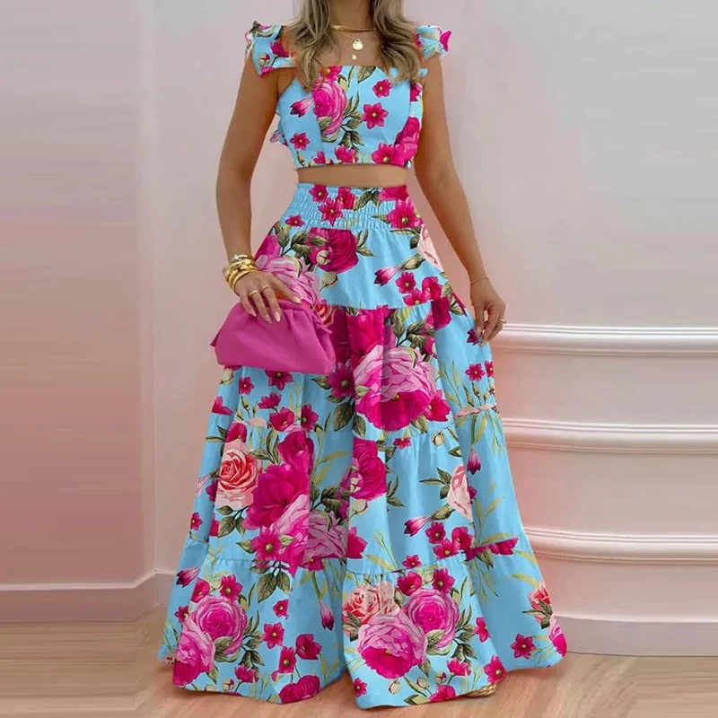 Conjunto feminino  Sem Mangas Ruffled Cropped Boho Floral Estampa Color lisa Elastic Cintura Saia Longa Moda Duas Peças — imagem 1
