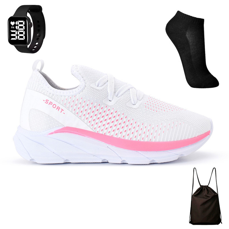 Tênis Meia Esportivo Feminino e Masculino Calce Fácil + Mochila Bag + Meia de Cano Curto + Relógio Digital