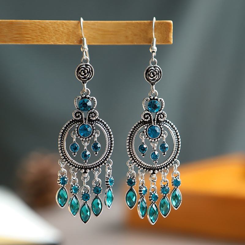 Brincos De Tassel Para Jóias Femininas Retro Round Flower Hollow Indian Style Drop Ethnic Blue Rhinestones