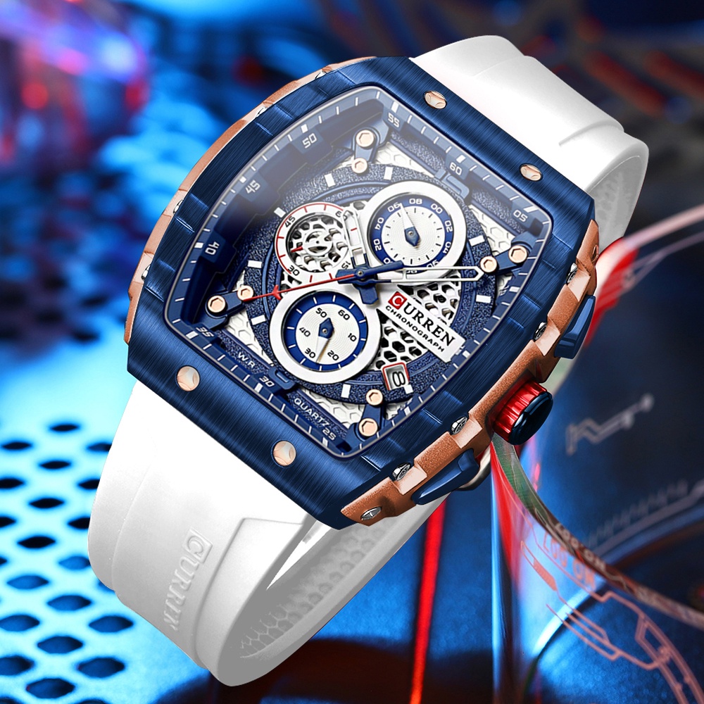 Detalhes do Relógio Masculino CURREN Marca Original Cronógrafo Multifuncional Quadrado Discagem Quadrada Correia De Silicone Retro Moda Desportiva Casual Quartzo Impermeável Com Caixa 8442 L