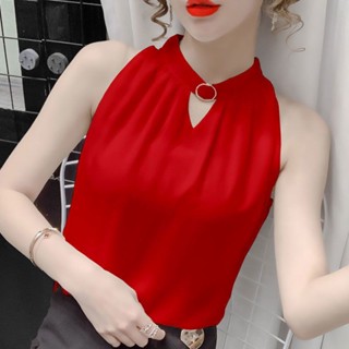 Blusa vermelha Chiffon sem mangas Camisa vermelha Chiffon Camisa feminina solta Camisole Novo Colete de escritório Estilo Colete de escritório Interior Exterior Oco Bottoming