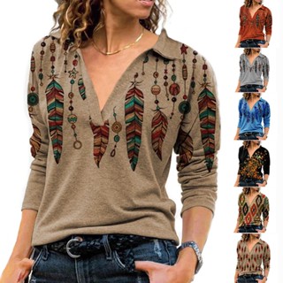 Camiseta Pólo Feminino Vintage Loose Em Forma De V Impressão Manga Comprida