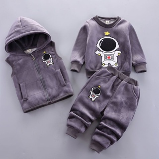 Crianças Primavera/Outono Plush Terno Quente Menino Astronauta T-shirt+Colete De Capuz+Calça 3 Peças 0-4 Anos em Oferta na Shopee