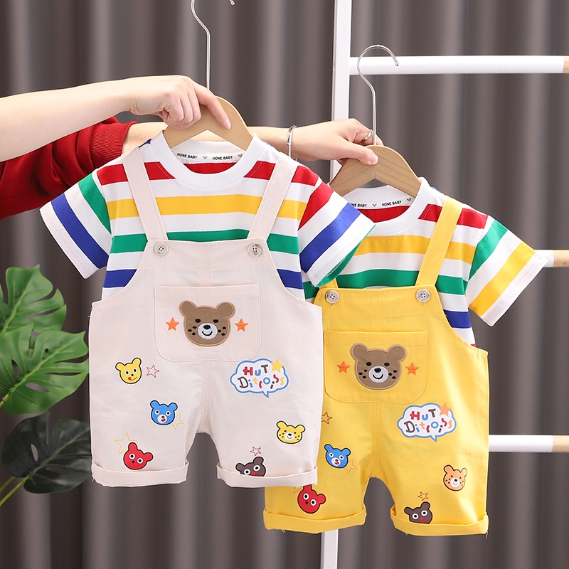 Verão Bebê Meninos Conjuntos De Roupas Dos Desenhos Animados Urso Listrado Camiseta + Geral 2 Pçs Terno Para Crianças Tr