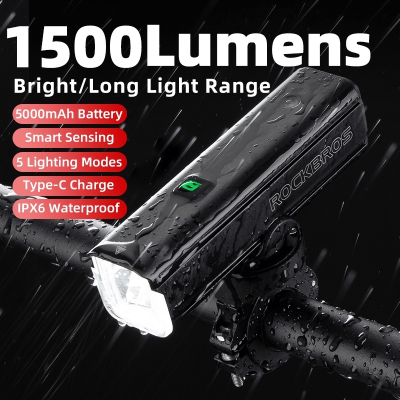 ROCKBROS Luz De Bicicleta 1500Lumen IPX6 Inteligente À Prova D'água Recarregável 5500mAH Lâmpada Frontal De Alumínio Para - Sports & Outdoors