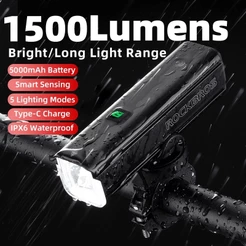 ROCKBROS Luz De Bicicleta 1500Lumen IPX6 Inteligente À Prova D'água Recarregável 5500mAH Lâmpada Frontal De Alumínio Para