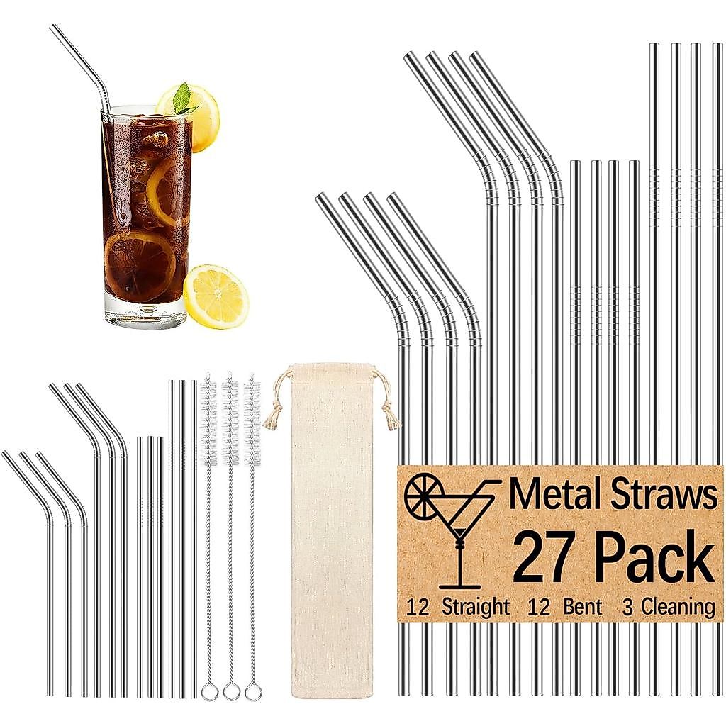 Pacote com 27 canudos de metal reutilizáveis, 12 retos + 12 curvos, 3 escovas de limpeza incluídas, canudos de aço inoxi