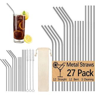 Pacote com 27 canudos de metal reutilizáveis, 12 retos + 12 curvos, 3 escovas de limpeza incluídas, canudos de aço inoxi