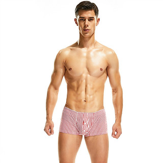 SEOBEAN Roupa íntima masculina com listras de algodão tecido U-Convexo botão de camada única aberto para casa Boxer 1050