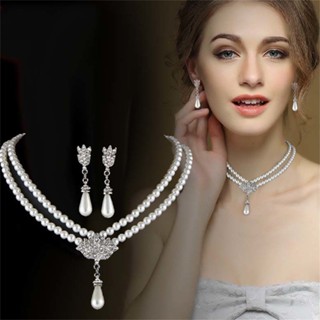 Elegante Conjunto De Jóias De Noiva Simuladas De Pérolas Conjuntos Rhinestone Pearl Drop NECKLACE + EARRINGS Casamento Para Presentes Femininos