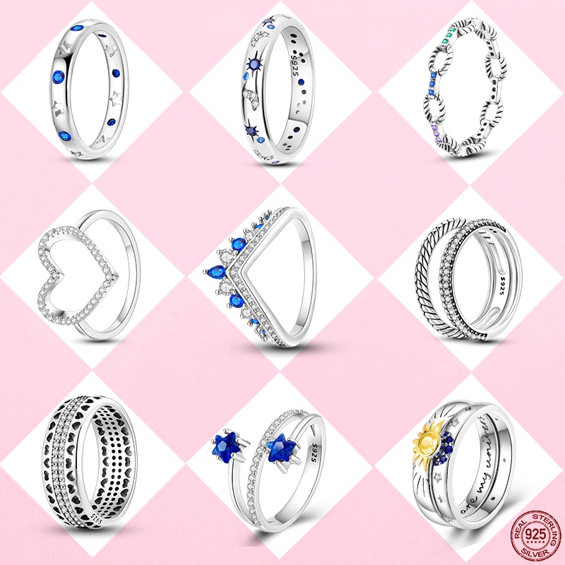 2023 Novo 925 Sterling Silver Star Moon Sun Women Fashion Stackable Rings Luxo Colorido CZ Coração Em Forma De Duplo U Anel De Dedo Jóias Presente