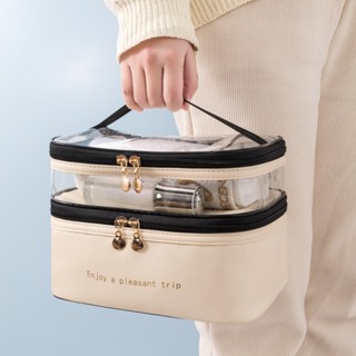 Saco De Maquiagem Multifuncional De Dupla Camada Transparente Em Couro PU Feminino De Grande Capacidade Organizador De Viagem De Beleza Sanitária