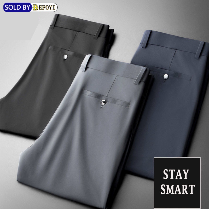 Calças Masculinas Casual Retas De Negócios Soltas Secagem Rápida Inteligente Para Homens De Escritório Mais Roupas