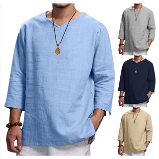 2023 Novo Pullover Casual De Algodão Fino De Verão Para Homens Com Pescoço Em V De Três Quartos Camisa Polo De Manga Mais Tamanho Preto , Azul Claro , Khaki Marinho , Cinza , Bege