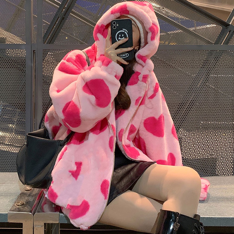 Casaco Feminino De Pelúcia Em Forma De Coração De Inverno Harajuku Streetwear De Manga Com...