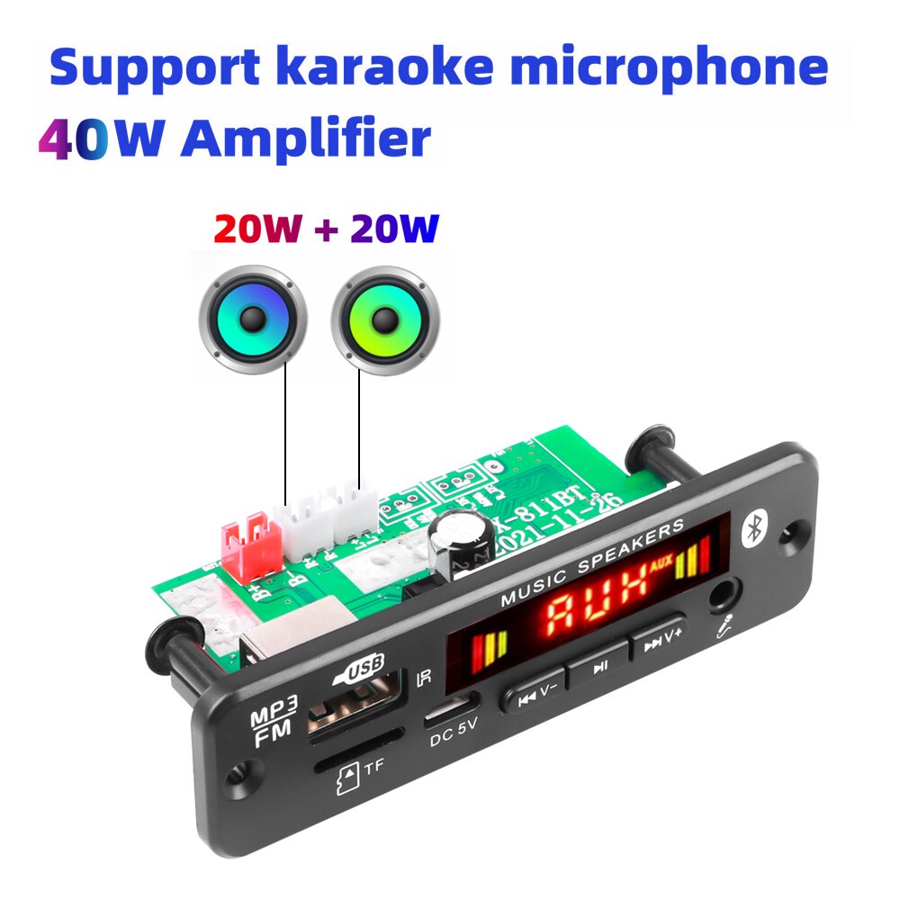 Placa Decodificadora MP3 Amplificadora De 40W 12V 2 * 20W Bluetooth 5.0 MP3 Player Car FM Módulo De Rádio Mãos-Livres Suporte De Gravação De Chamadas WMA WAV TF