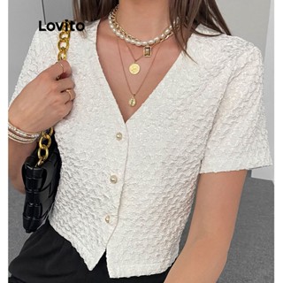 Lovito Casual Blusa Feminina de Manga Curta com Botão Frontal e Decote V LNE02084 (Branca)
