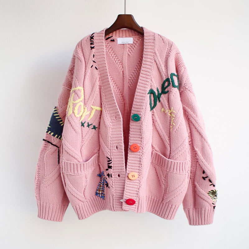 2023 Outono Inverno Mulheres Cardigan Casaco De Malha Quente De Bolso Bordado Moda Cardigans Lady Loose Sweaters — imagem 2 de 2