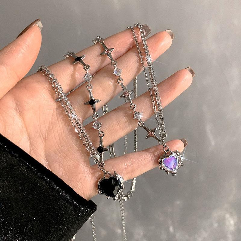 Y2K Pingente De Coração De Zircônio Púrpura Para Menina De Luxo De Rhinestone Star Clavicle Chain Valentine's Day Gifts em Oferta na Shopee