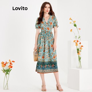 Lovito Boho Vestido Feminino Paisley Cruzado Estampado com Babados e Manga Bufante L51ED132 (Verde-Água)