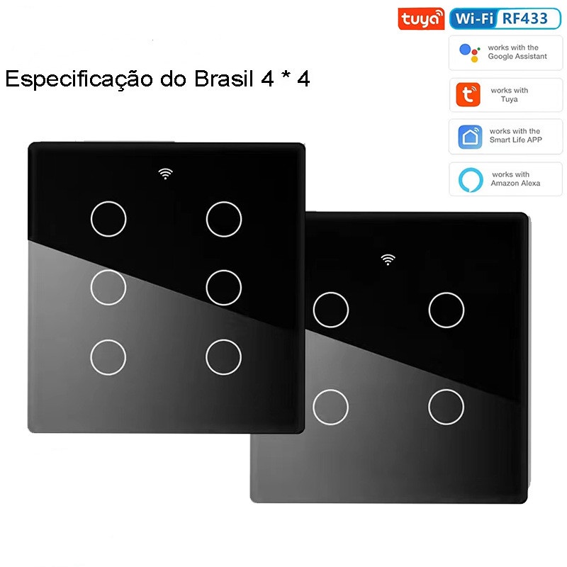 Tuya WiFi Interruptor Inteligente Padrão Brasil 4x4 Painel De Vidro De Luxo Touch-Sensor4/6Gang De Parede Funciona Com A