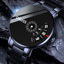 ORUSS Original Aço Inoxidável / Couro de Luxo à prova d'água Moda Moda Preta Relógio Suíço de Quartzo Versão Coreana
