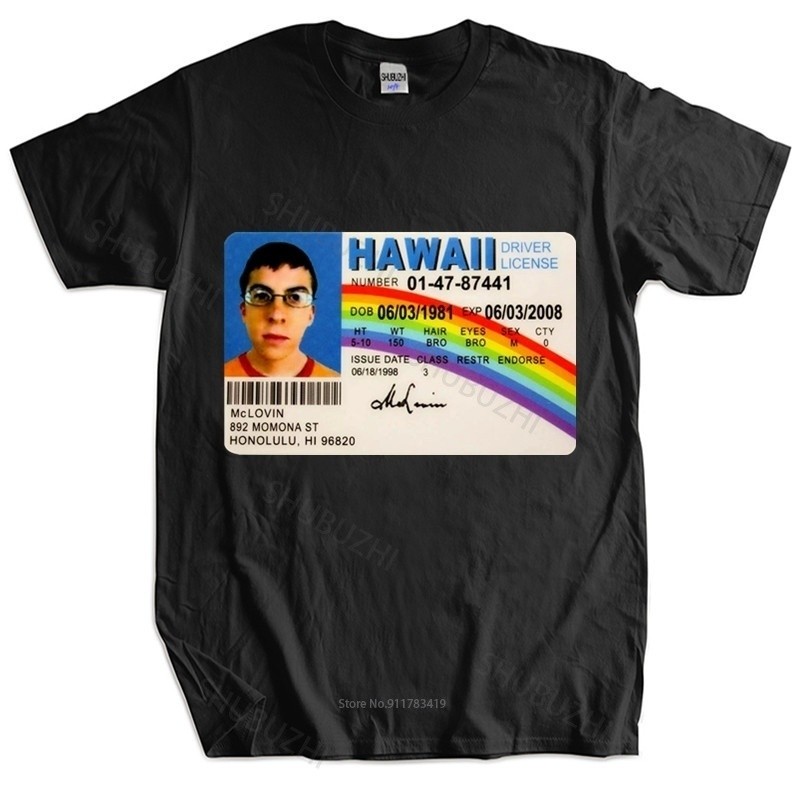 Camiseta Masculina Verão Camiseta Masculina Mclovin Cartão de Identidade Superbad Geek Camiseta de Algodão Masculina Cam