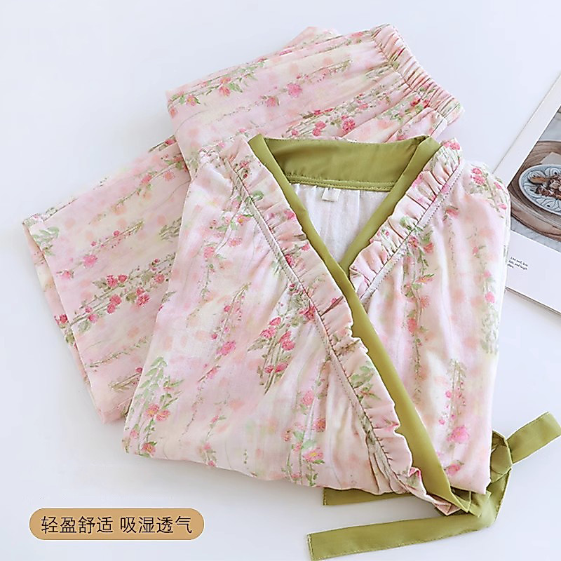 Pijamas Leves Femininos Calças De Manga Comprida Gravata Lateral Conjunto De Algodão Nuvem Para Casa
