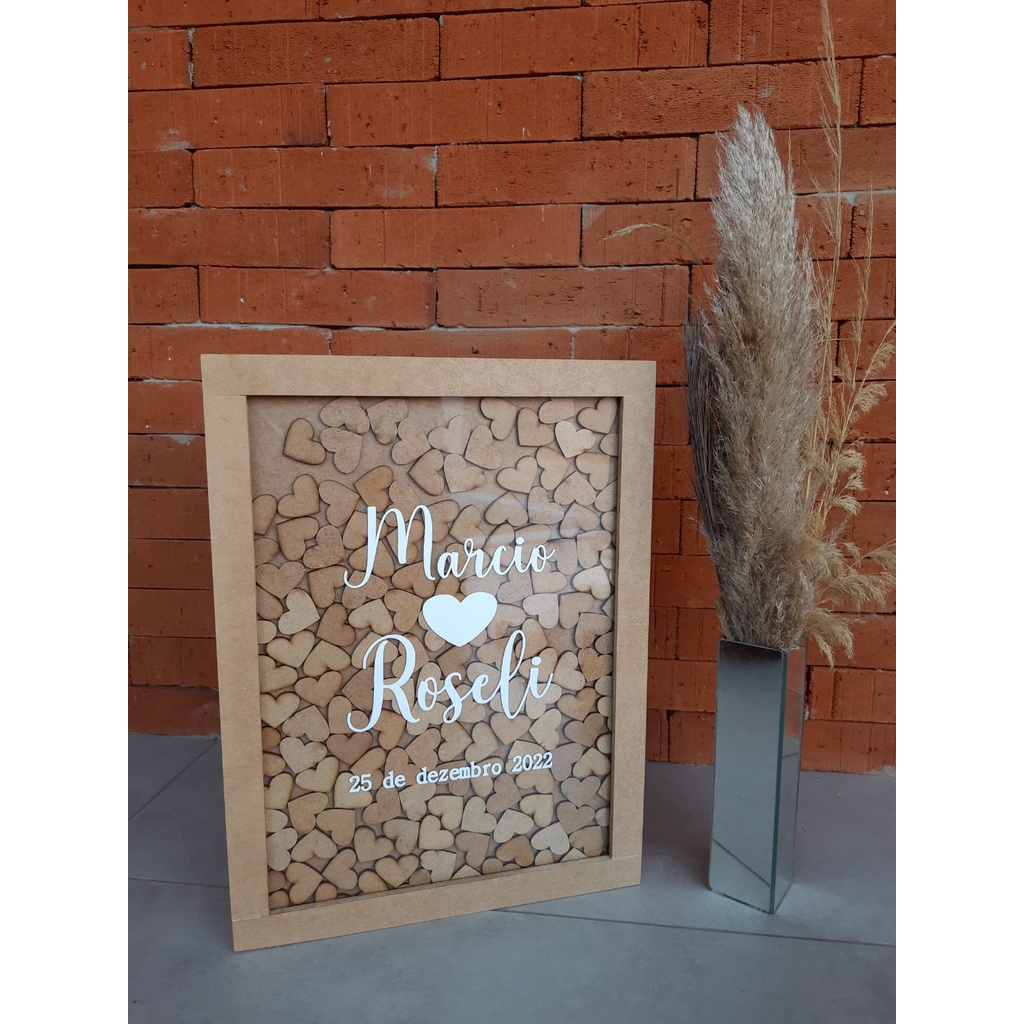 Quadro de Assinaturas para Casamento com até 150 Corações personalizado MDF Personalizado