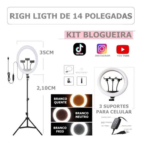 RING LIGHT LED SOLFT Iluminador 14 Polegadas + suporte + Triplé + Cabo de 2 metros com Controle de Intensidade