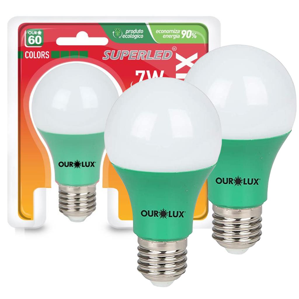Kit 2 Lampadas Led Bulbo A60 7W Bivolt E27 Verde Ourolux
