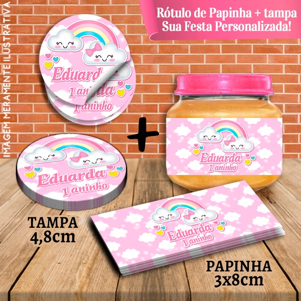 Kit com 10 pares Rótulos Adesivos de Potes e Tampas de Papinha 120g Chuva de Amor