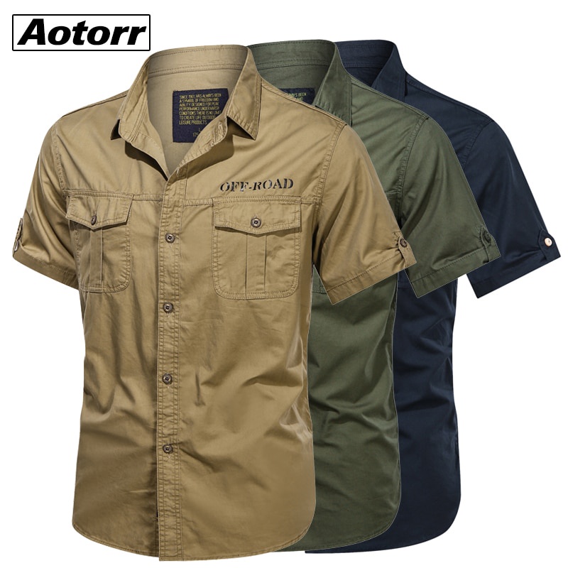 2022 Camisas Militares Masculinas 100 % Algodão Vestido Casual Manga Curta Slim Tops Camisa De Trabalho Masculina Sólida De Verão Bolso Peito Da Moda 4XL